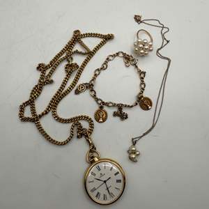 Lot #265  - Vintage gold plated pocket watch, anniversary cat trans bracelet, necklace & ring