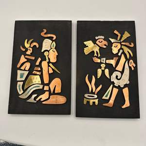 Lot #9 - Vintage Mexican folk art wall plaques depicting Aztec warriors. Crafted in "divorced metals"