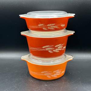 Lot #202 - Pyrex Autumn Harvest Wheat Round Bake Serve Store Casserole Set of 3 with Glass Lids Corning USA