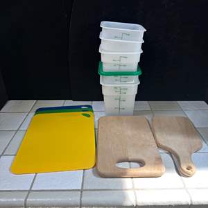 Lot #215 - Cutting boards and commercial plastic containers