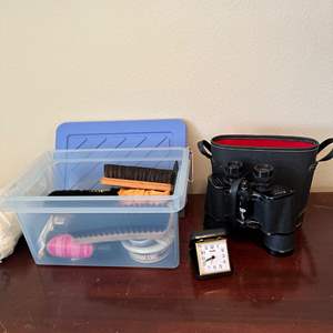 Lot #393 - Shoe Kit, Travel clock, nail kit and binoculars