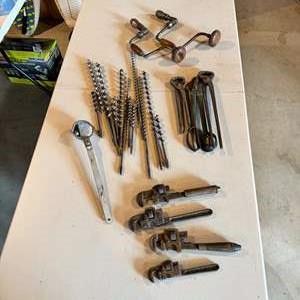 Lot #45  - Tools, HD drill bits, vintage pipe wrenches in excellent shape 