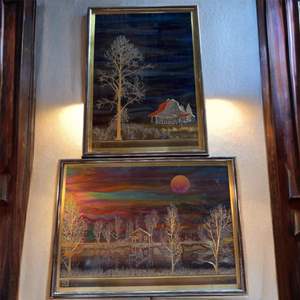 Lot #58  - "Barn" & "Cabin on the creek"by Bernard Rohne metallic design famed art, very cool pieces! 