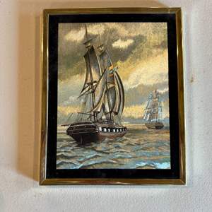 Lot #64  - Vintage Manifestations optical illusion pirate ship framed art 