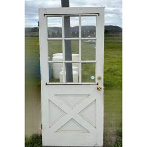 Lot #108  - Vintage rustic door with glass feature & brass curtain rods/doorknobs 