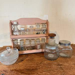 Lot #159  - Vintage glass bottles & canisters with shelf 