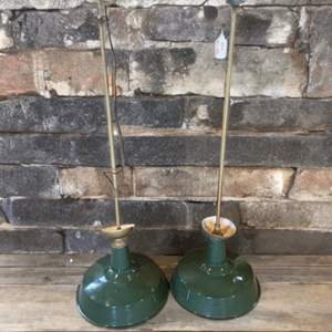 Lot #189  - Pair of vintage enameled hanging pendant lights (really nice shape, green/gold)