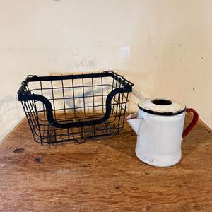 Lot #215  - Vintage enamel coffee pot & stacking organization basket