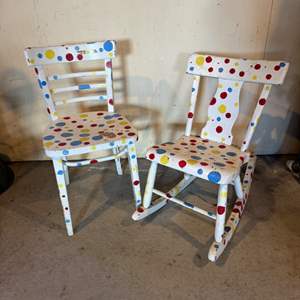 Lot #222  - Pair of vintage chairs painted with polka dots 