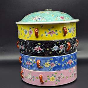 Lot #29 - Vintage Chinese Famille Rose Porcelain Tiered Trinket Box (One Level Previously Repaired)