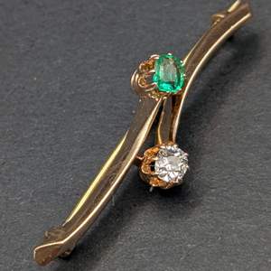 Lot #121 - 14k Gold, Diamond and Emerald Pin (3.4gtw) (Stones .2ct Each)