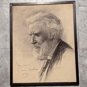 Lot #270 - Original Charcoal of Poet Edwin Markham by John Perkins (Signed by Both Perkins and Markham with Inscription)