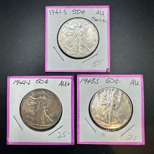 Lot #99 - 1941, 42, 43 Walking Liberty silver half dollars