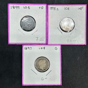 Lot #130 - 1897, 1898S, 1899 Barber Silver Dimes