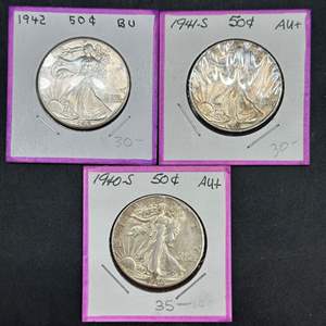 Lot #150 - 1940, 41, 42 Walking Liberty silver half dollars