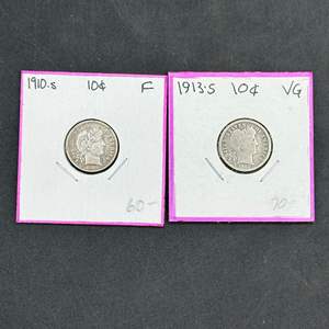 Lot #221 - 1910, 13 U.S. Barber Silver Dimes