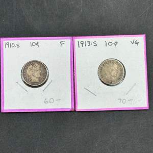 Lot #222 - 1910, 13 U.S. Barber Silver Dimes