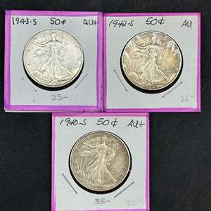 Lot #300 - 1940, 42, 43 Walking Liberty silver half dollars