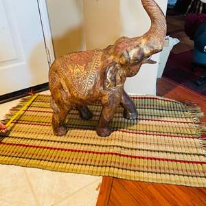 Lot #6- Vintage Elephant Statue & Green Weaved Reversible Floor Rug