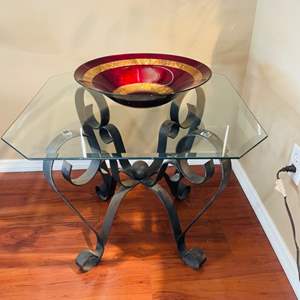 Lot #10- Glass Top & Metal Base Table & Red Decorative Bowl