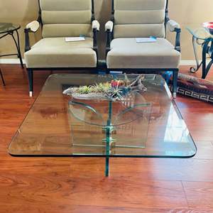 Lot #19- Vintage Art Deco Mid Century Modern Glass Coffee Table With Driftwood Succulent Arrangement 