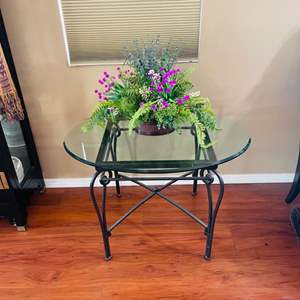 Lot #20- Metal Side Table With Glass Top & Faux Plant