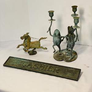 Lot #24-Vintage Cast Iron Bronze Replica of The Han Dynasty, Cashier Sign, & Frog Metal 3 Arm Candelabra 