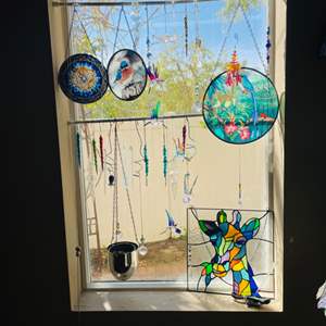 Lot #25-Hanging Stained Glass Pieces and Windo Art