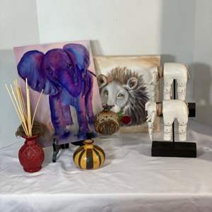 Lot #44- (2) Vintage Carved Elephants, Lion Head Picture, Mini Pottery Pieces, & Elephant Watercolor