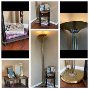 Lot #45-Brass & Silver Floor Lamp, Wood Side Table With Contents