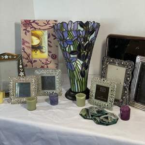 Lot #47- Tiffany’s Style Stained Glass Lamp Base, Picture Frames, & More