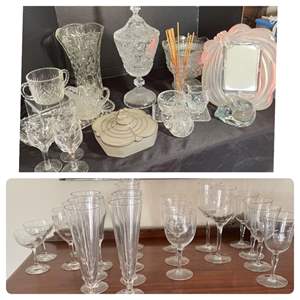 Lot #52- Art Deco Glass Silver Dish, Tall Crystal Candy Pedestal, Crystal Vase, & More