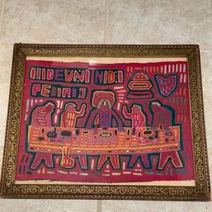 Lot #53- Framed  Mola Sand Blast Indians “Last Supper” 