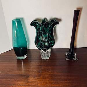 Lot #60- Blown Glass Vase, 1960’s MCM Teal Vase, and Vintage Purple Bud Vase