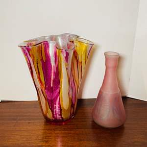 Lot #61- Pink Hand Blown Glass Handkerchief Vase, & Pink Frosted Glass Vase