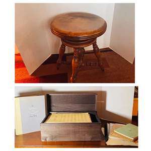 Lot #62- Antique Wooden Piano Stool, Rodgers & Hammerstein Songbook, Vintage Songbooks, & Wood Box With Sheet Music 