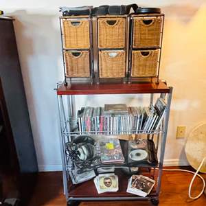 Lot #64-CD Collection, Hand Held CD Player, Shelves, Wicker Basket, & CD Holders