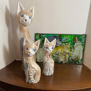 Lot #85- Accents/Blue Eyed Cat Trio & Hanging Stained Glass Piece