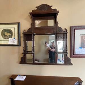 Lot #92- Antique Large Ornate Carved Wood Hall Mirror With Shelves