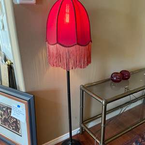 Lot #93- Burgundy Dome Stitched Floor Lamp W/Fringe & (2) Ruby Fairy Lamps