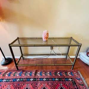 Lot #95- Vintage Bamboo Style Mid Century Brass/Glass Entry Table & Salt Lamp