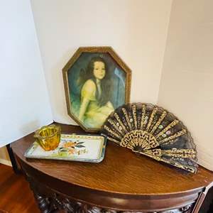 Lot #98- Vintage Vibrant Colored Votive, Vintage Framed Picture, & Beautiful Ornate Fan