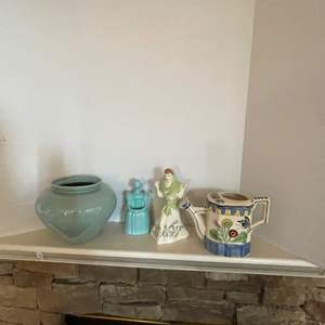 Lot #109- Vintage Watering Can Pot, Large Blue/Green Ceramic Pot, & Vintage Pottery 