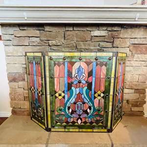 Lot #110- Vintage Tri-Fold Stained Glass Fireplace Screen