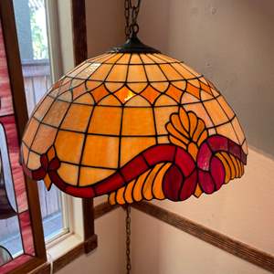 Lot #112- Vintage Tiffany Style Hanging Lamp & Vintage Pressed Flower Framed Art