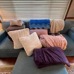 Lot #114- Lot of Pillows, Blankets, and Chair Cushions