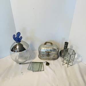 Lot #136- Mid Century Pewter Vase, Vintage Candle Snuffer, Trinket Box, & More