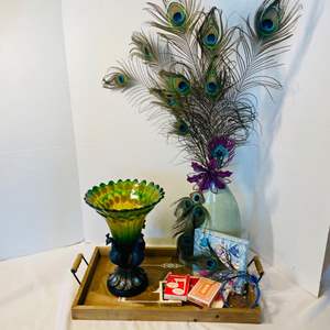 Lot #139- World Market Vase W/Peacock Feathers, Stone Jar W/Lid, Monograph Wood Tray & More