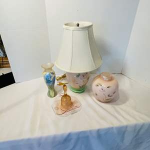 Lot #141- Fenton Hand Painted Vase, Fenton Table Lamp, Pink Depression Glass, & Italian Glass Bowl