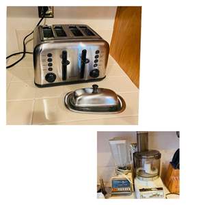 Lot #148- BuyDeem 4 Slice Toaster Oven, Stainless Steel Butter Dish, Food Processor & Blender